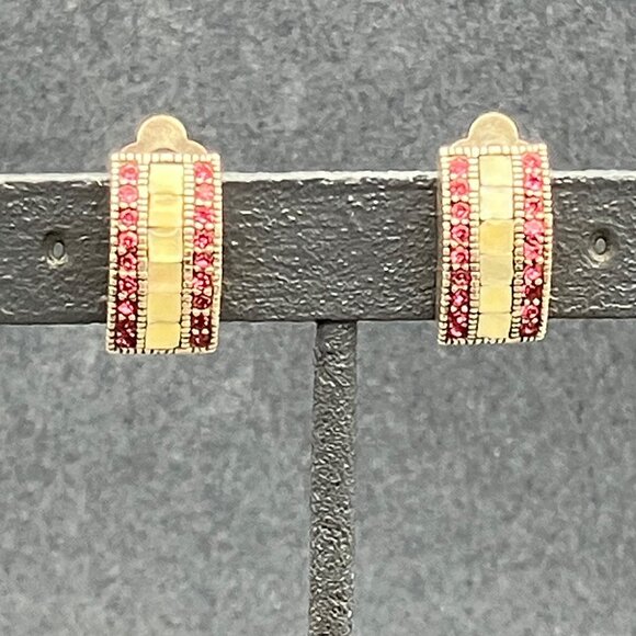 Vintage Jewelry - Vintage Clip-On Earrings 1 In Pink Rhinestones MOP Inlay Retro Bling Glam Curve